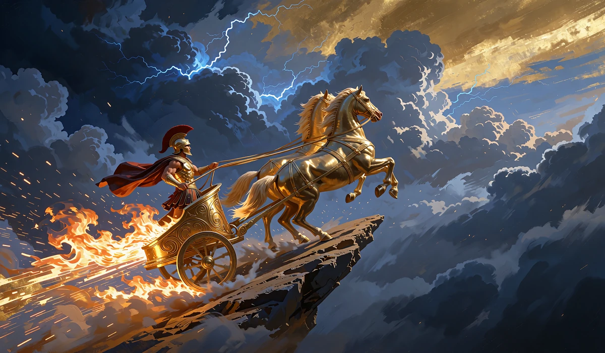 Złoty rydwan z woźnicą pędzący ognistym szlakiem po burzowym niebie - grafika gry crash w Hercules Casino