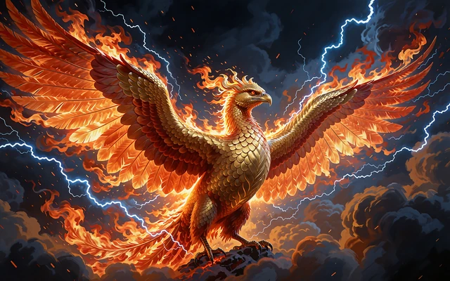 Płonący feniks z rozpostartymi skrzydłami na tle wulkanicznego nieba - grafika slotu Phoenix Flame