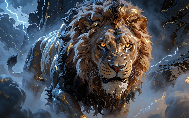 Mityczna bestia z lwią grzywą i bursztynowymi oczami we mgle - grafika slotu Mythical Beast w kasynie online