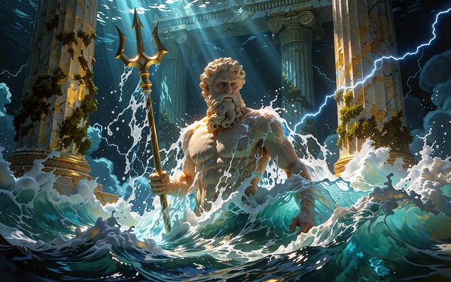 B&oacute;g m&oacute;rz Posejdon z tr&oacute;jzębem wynurzający się z turkusowych fal - grafika automatu Poseidon's Depths