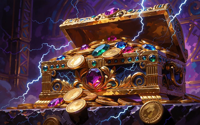 Złota szkatuła wypełniona monetami i klejnotami w fioletowym skarbcu - grafika gry Golden Hoard w Hercules Casino