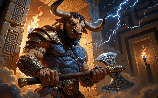 Rogaty Minotaur z toporem na tle kamiennego labiryntu - grafika slotu Minotaur's Maze w Hercules Casino
