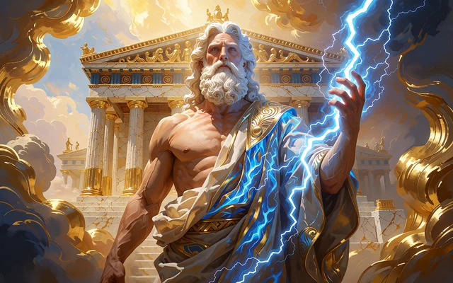 Brodaty b&oacute;g piorun&oacute;w przed marmurową świątynią z błyskawicą w dłoni - grafika automatu Thunder of Olympus