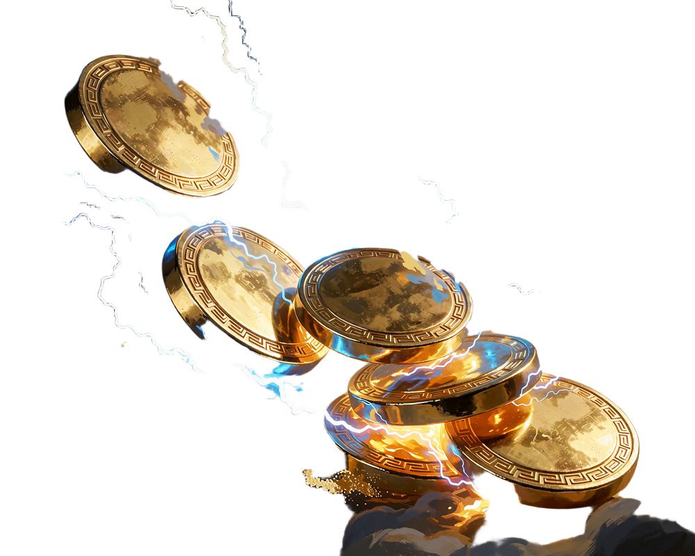 Kaskada złotych monet otoczonych błyskawicami symbolizująca bonus krypto BTC i USDT w Hercules Casino
