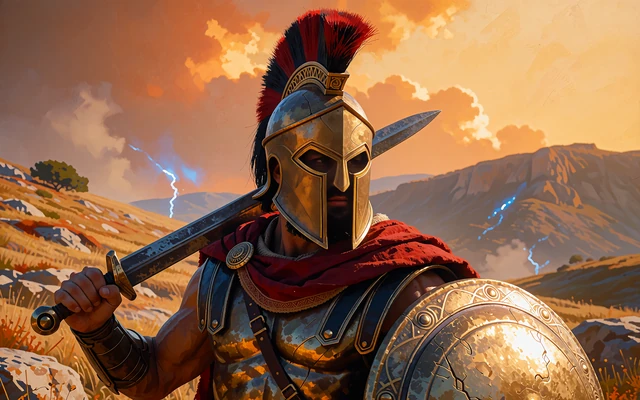 Spartański wojownik z czerwonym pi&oacute;ropuszem i brązową tarczą - grafika automatu online Spartan Fury w Hercules Casino