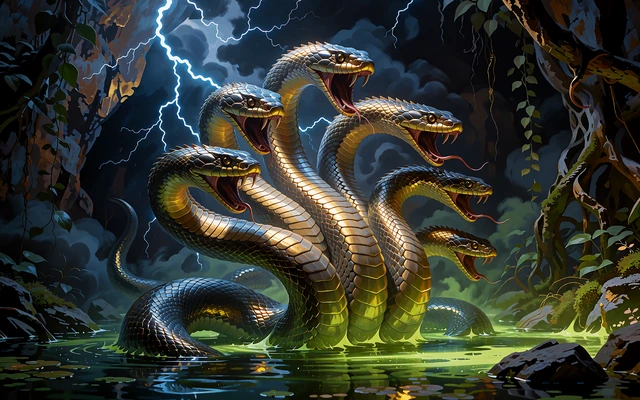 Wielogłowa hydra wynurzająca się z mokradeł jaskini - grafika automatu online Hydra's Lair w kasynie Hercules Casino
